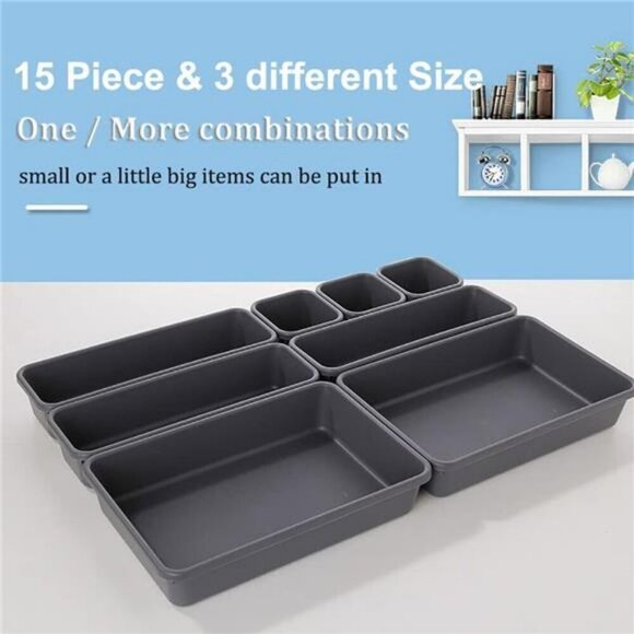 15 pc drawer organizer bins for makeup office kitchen bathroom storage trays - Picture 7 of 8